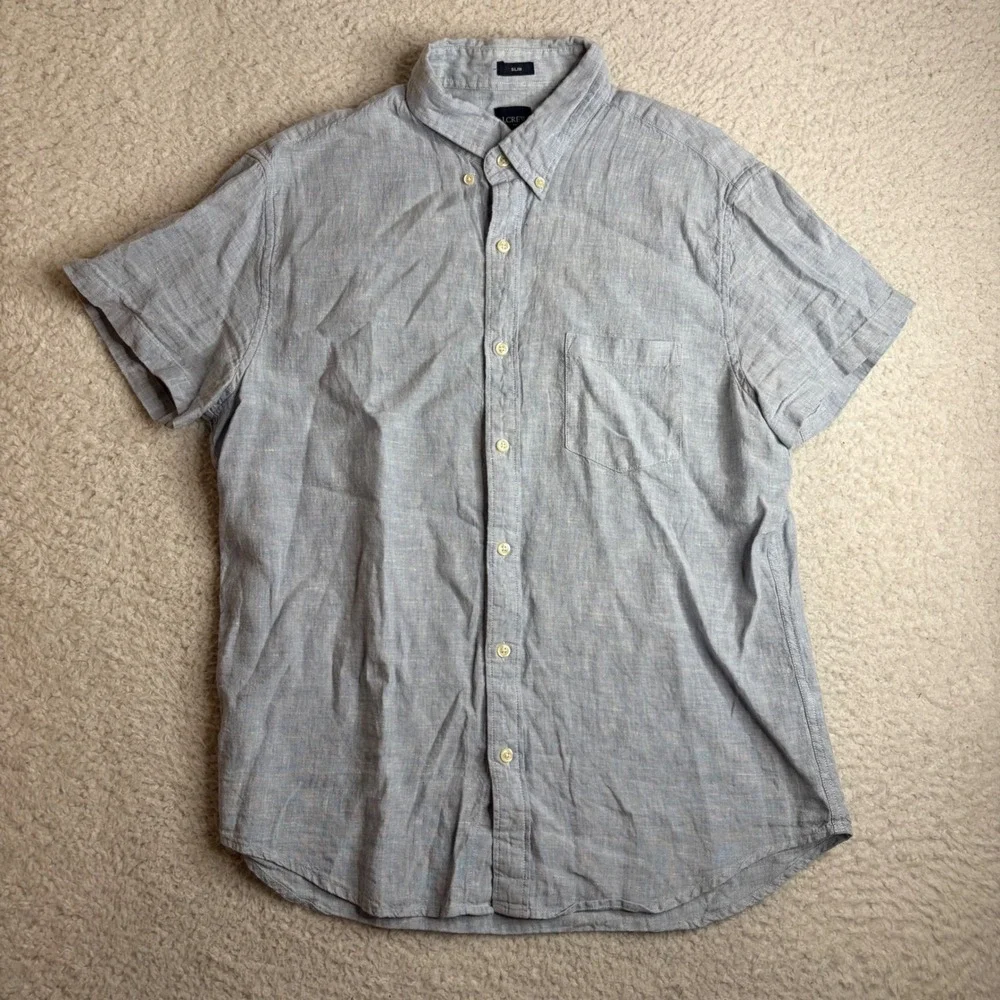 J.Crew Mens Slim Fit Linen Cotton Short Sleeve Button Down Shirt Blue Large